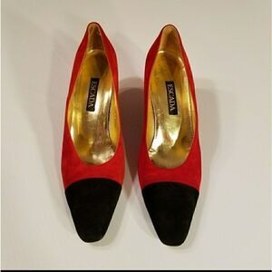 Vintage Escada Red Black Suede Heels 9AA NARROW